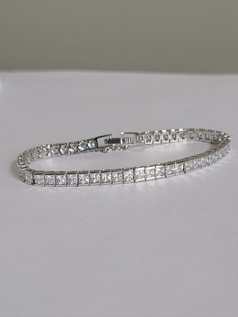 Sparkly Crystal Rhinestone Silver Tone Rhodium Plated Evening Tennis Bracelet
